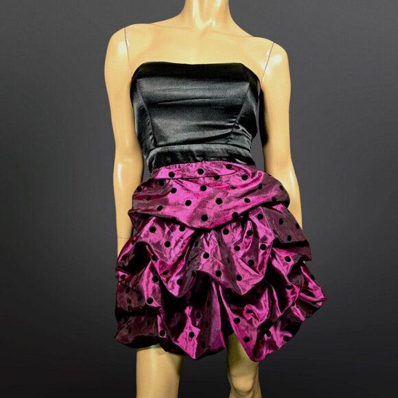 Y2K Mini Bubble Dress size S Formal Prom Party Black Purple Polka Dot Satin - Picture 1 of 9